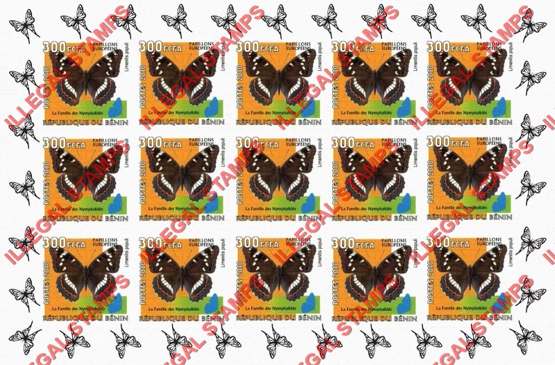 Benin 2010 Butterflies Illegal Stamp Sheetlet of 15 Benin 2010 Butterflies Illegal Stamp Sheetlet of 15